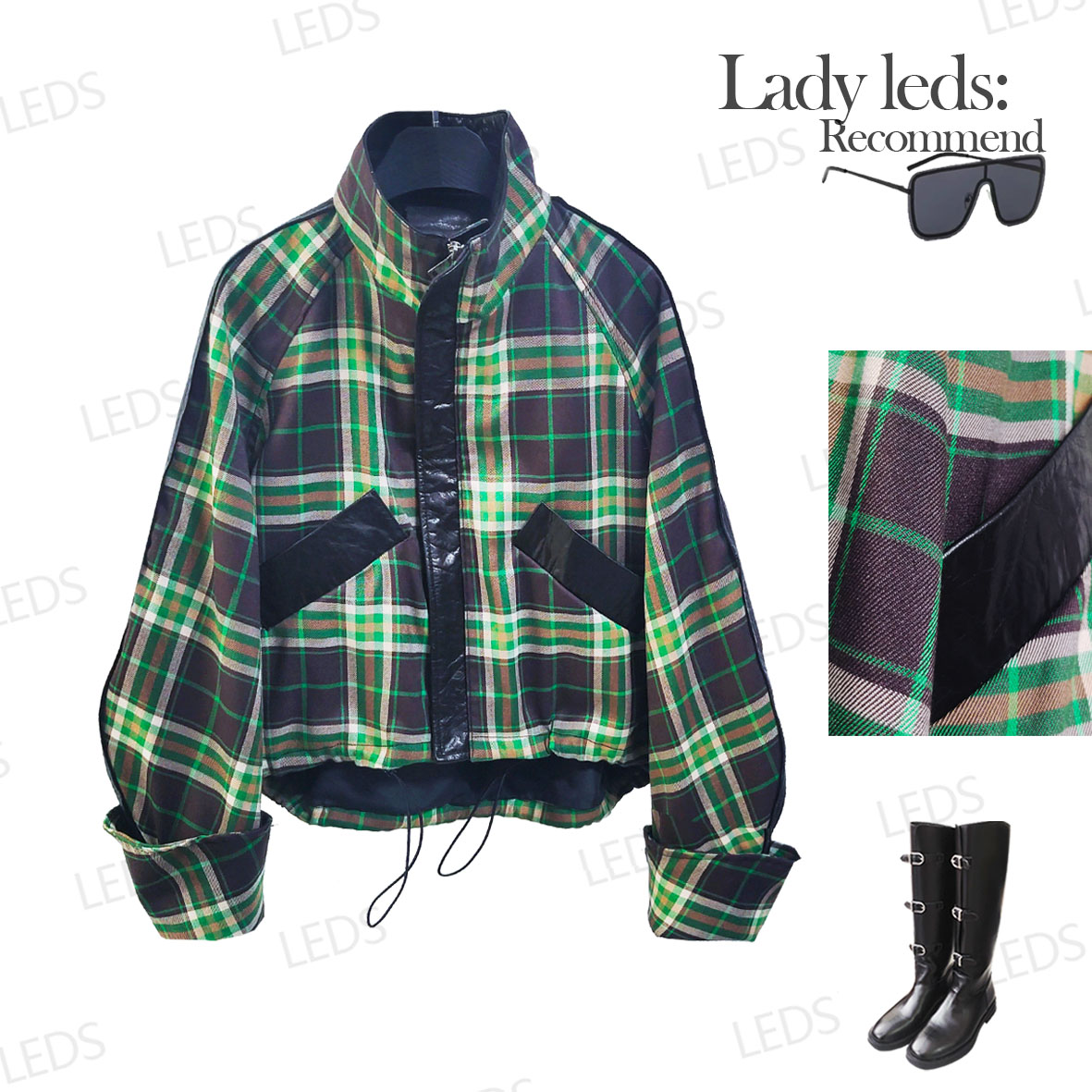 LEDS 25622早秋复古格纹皮质拼接超吸睛美到开挂短外套