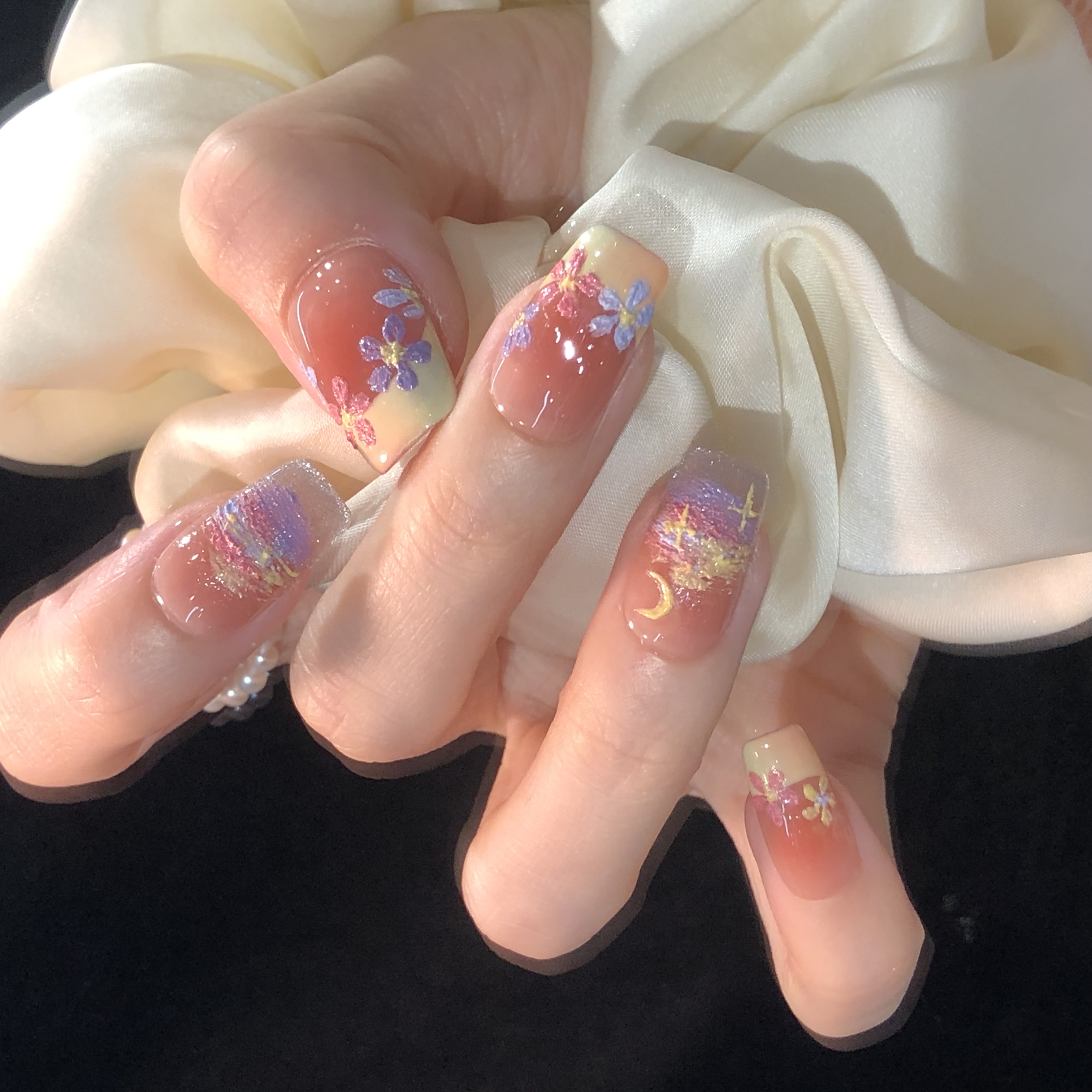 喵公子【繁花甜梦】【设计师款】纯手工穿戴甲可拆卸美甲光疗甲