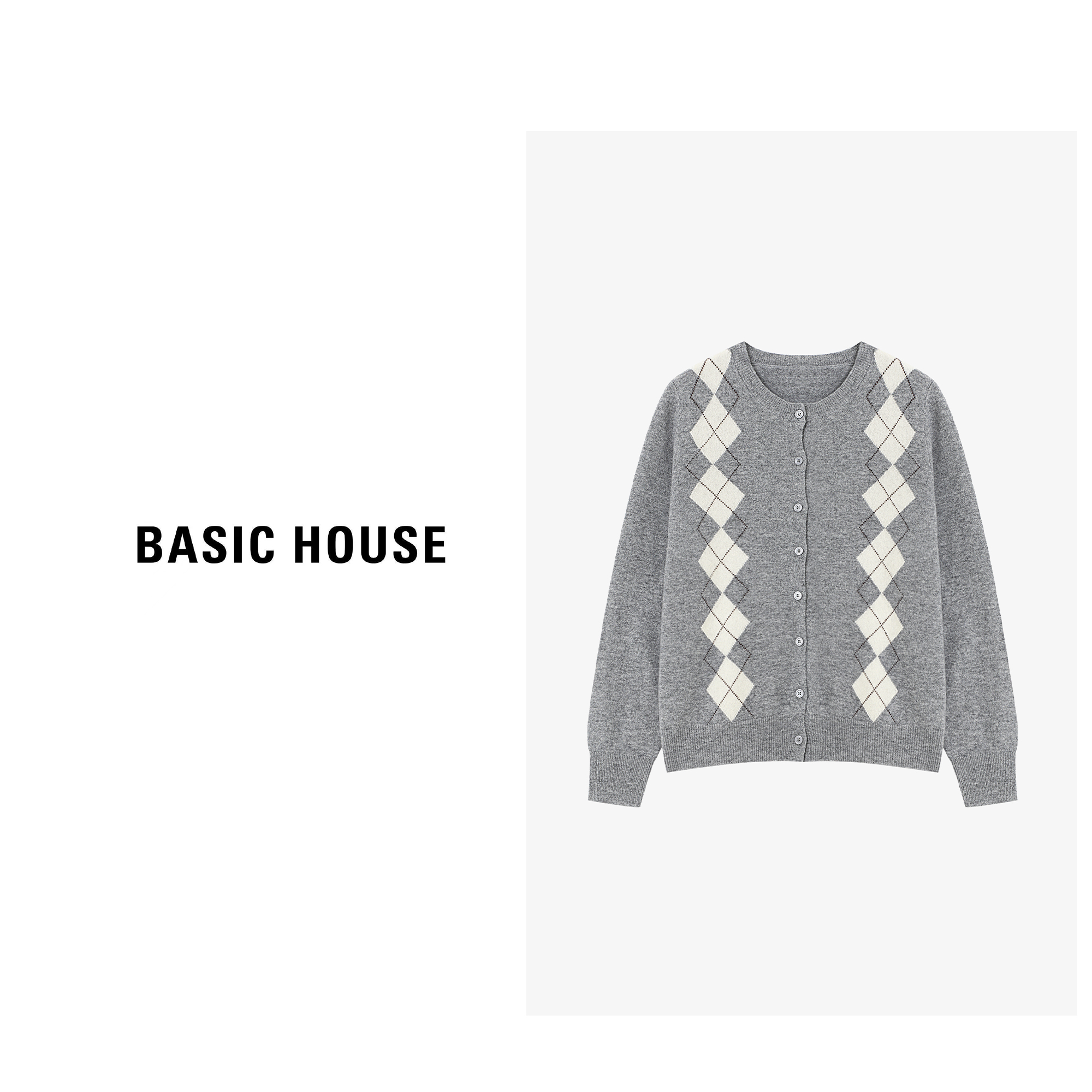 Basic House/百家好秋冬新款设计双肩菱格图案羊毛衫-B0625B5SNR2