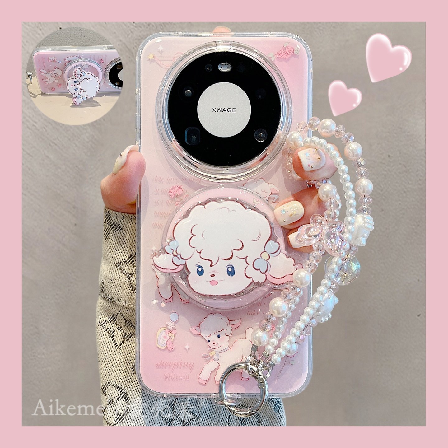 适用华为mate80promax手机壳粉色晕染Mate70pro+玫瑰小羊磁吸支架