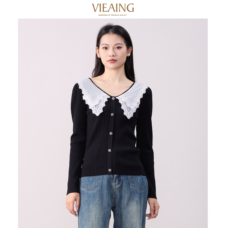 【许半夏推荐】薇迎25新款百搭娃娃领拼接网纱针织衫231251152402