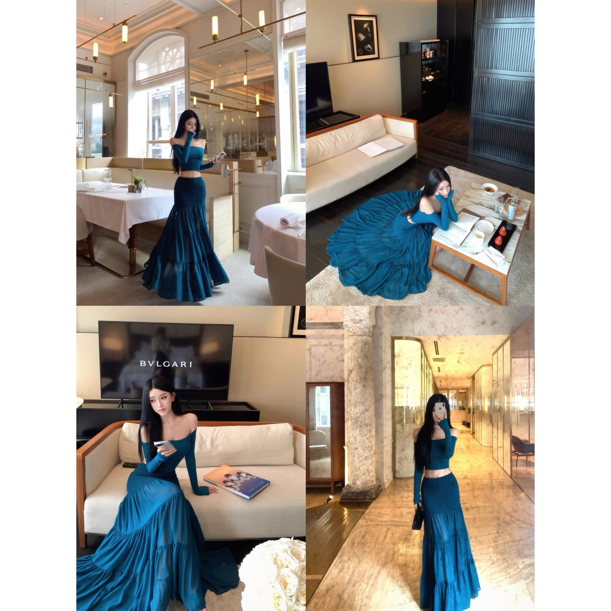 【海岛蓝调】纯欲套装2025秋季新款气质修身上衣半透长裙度假两件套