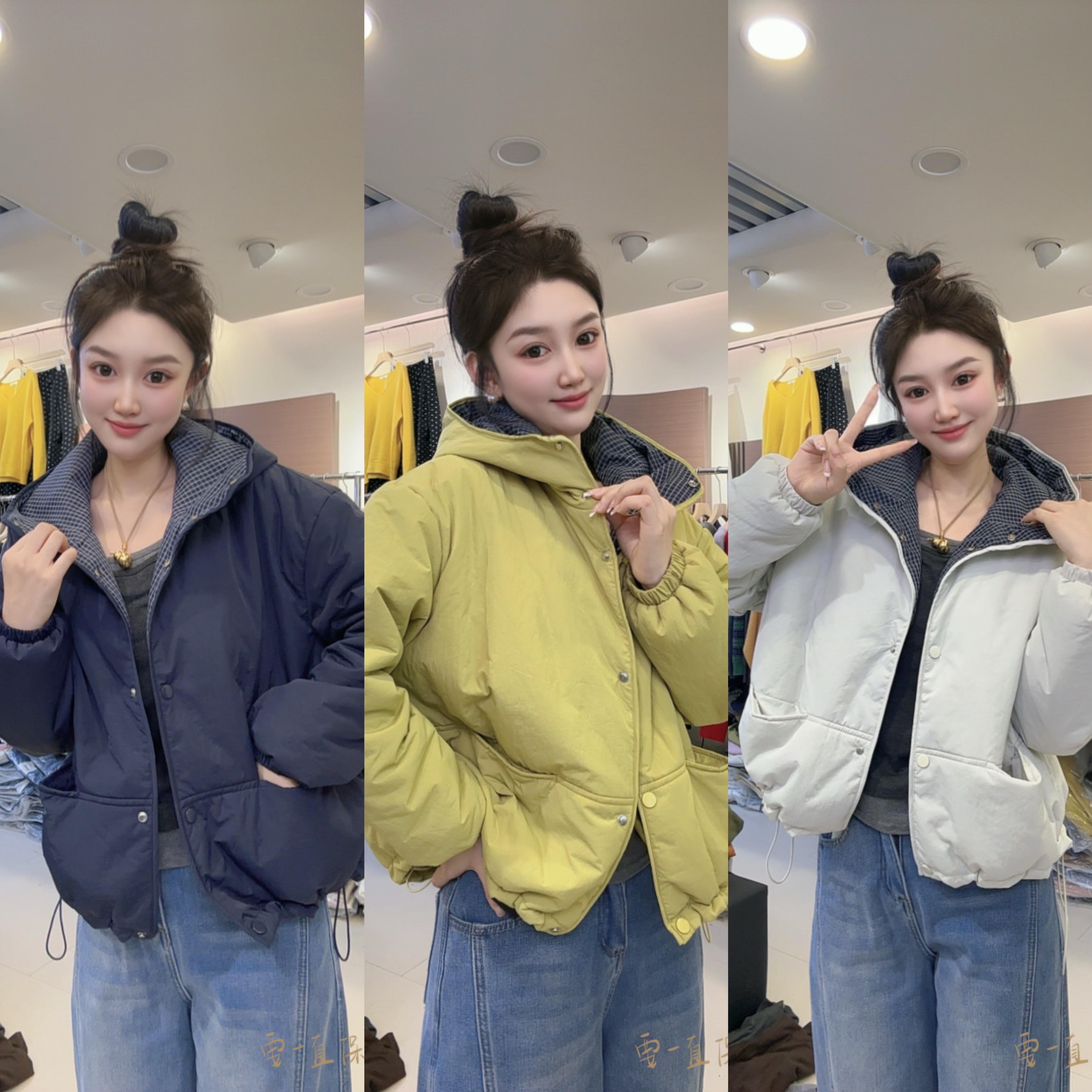 品质格子拼接连帽棉衣短外套女2025秋季新款宽松保暖夹棉棉服百搭