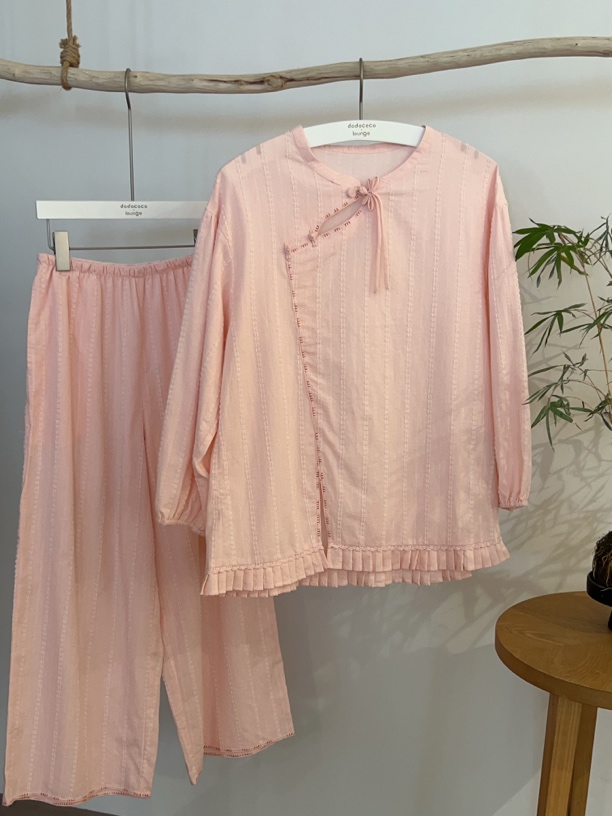 251-193朵朵可可女新款春季纯棉高档提花粉色长袖长裤家居服套装