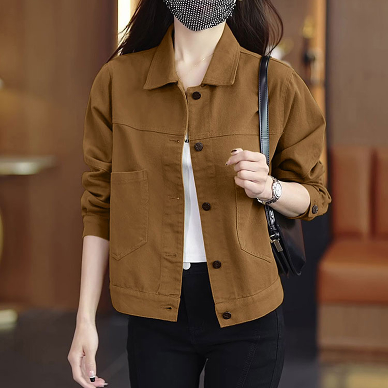 纯棉时尚短外套女2025年春秋新款小个子洋气减龄单排扣夹克上衣潮
