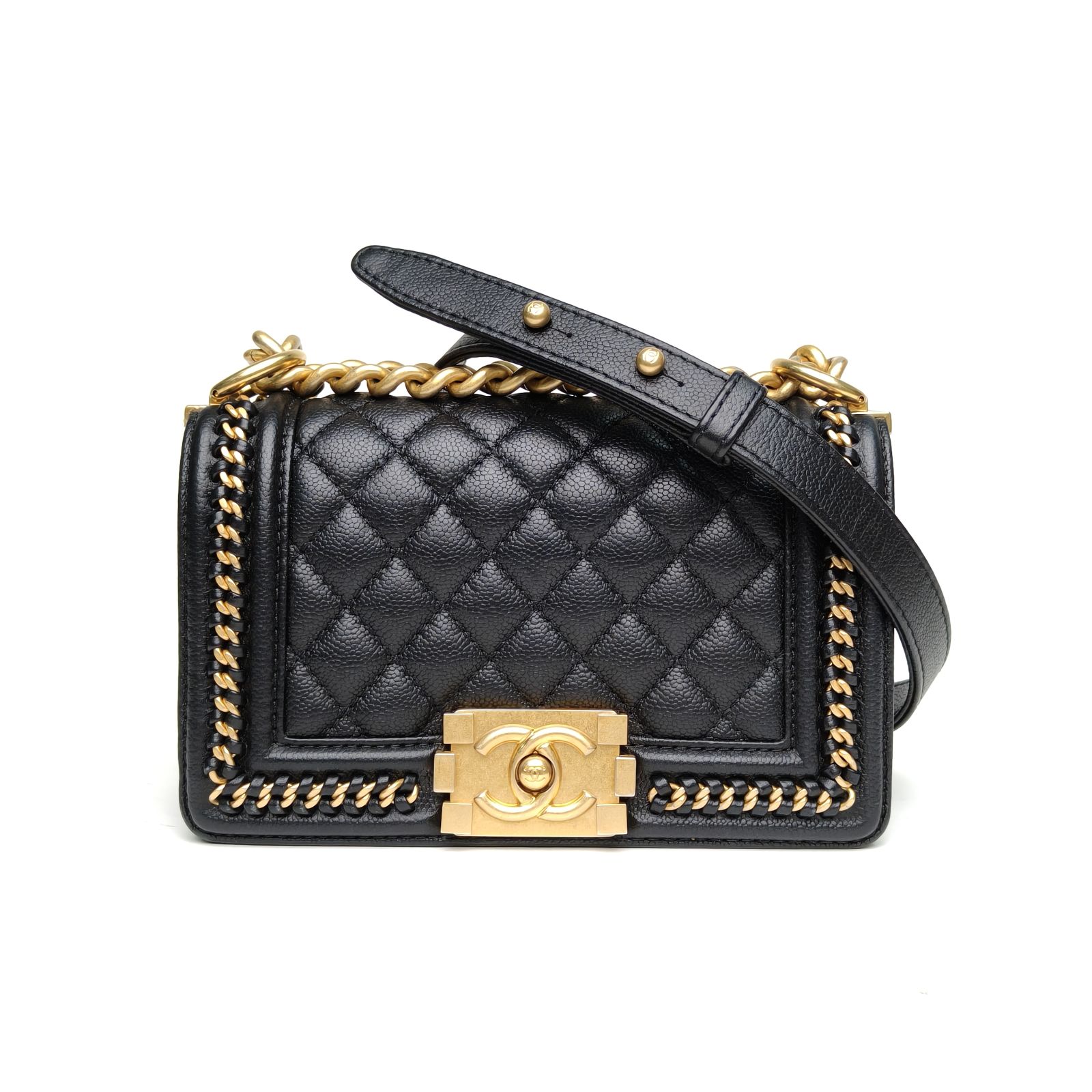 95新 Chanel/香奈儿 【黑黑】Leboy 小号 黑色 金扣 皮穿链滚边 