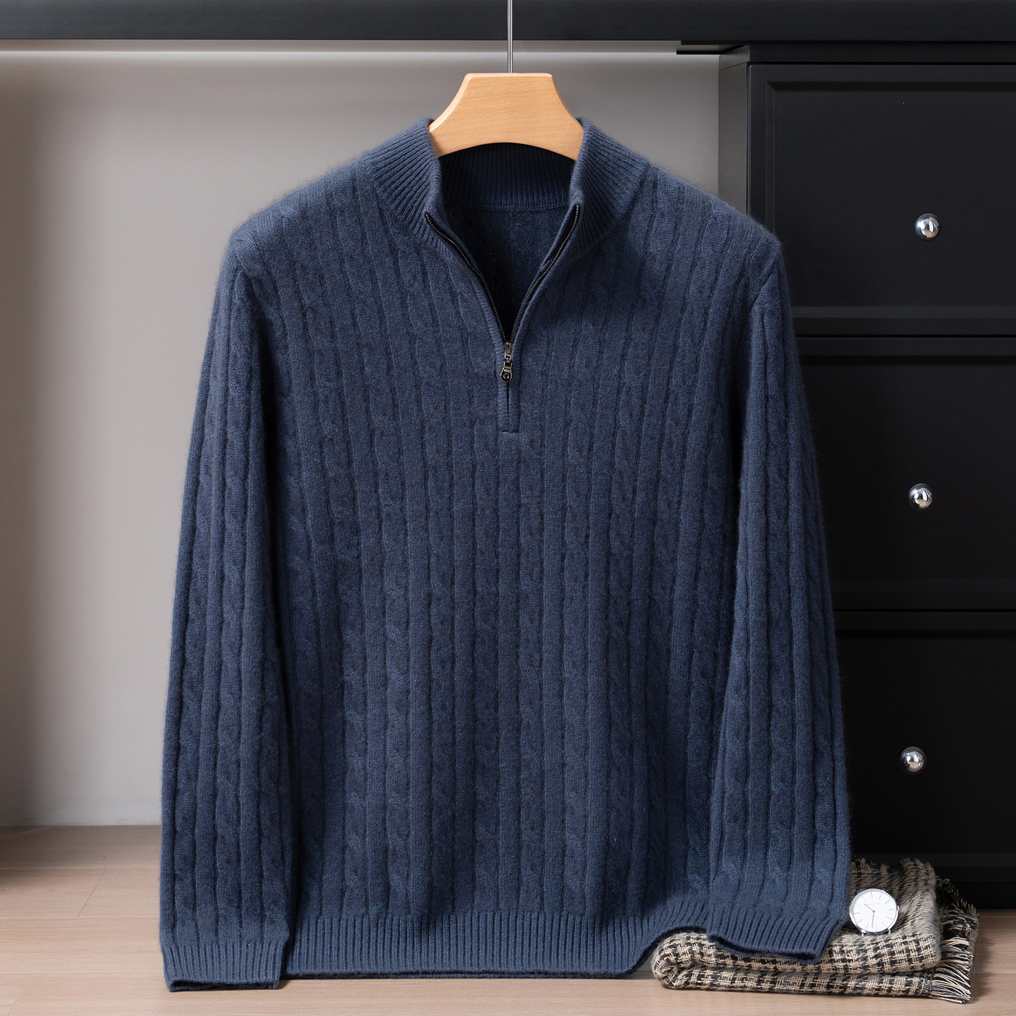 加厚扭花100%山羊绒拉链半高领绞花长袖立领简约针织衫