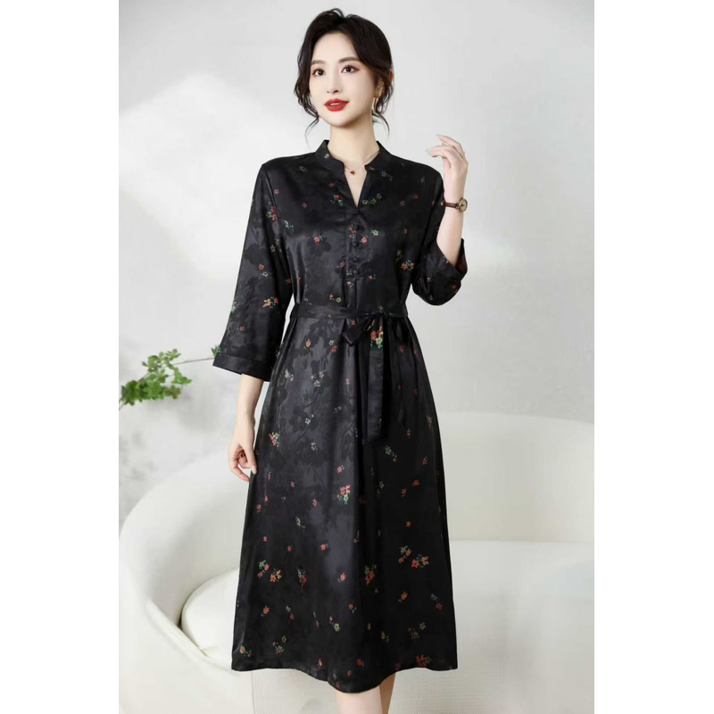 碎花点翠 时尚轻奢亲肤透气中长款连衣裙条纹气质显瘦