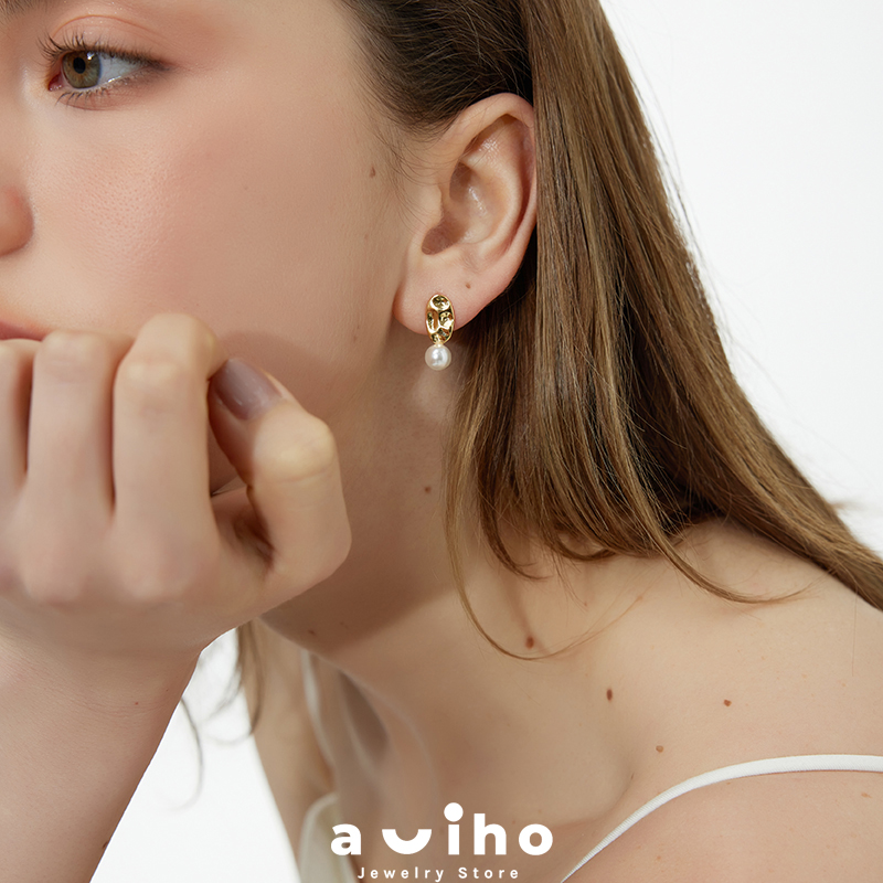 aviho 925银仿珍珠耳饰 设计感压褶耳钉ins博主高级小众轻奢耳环