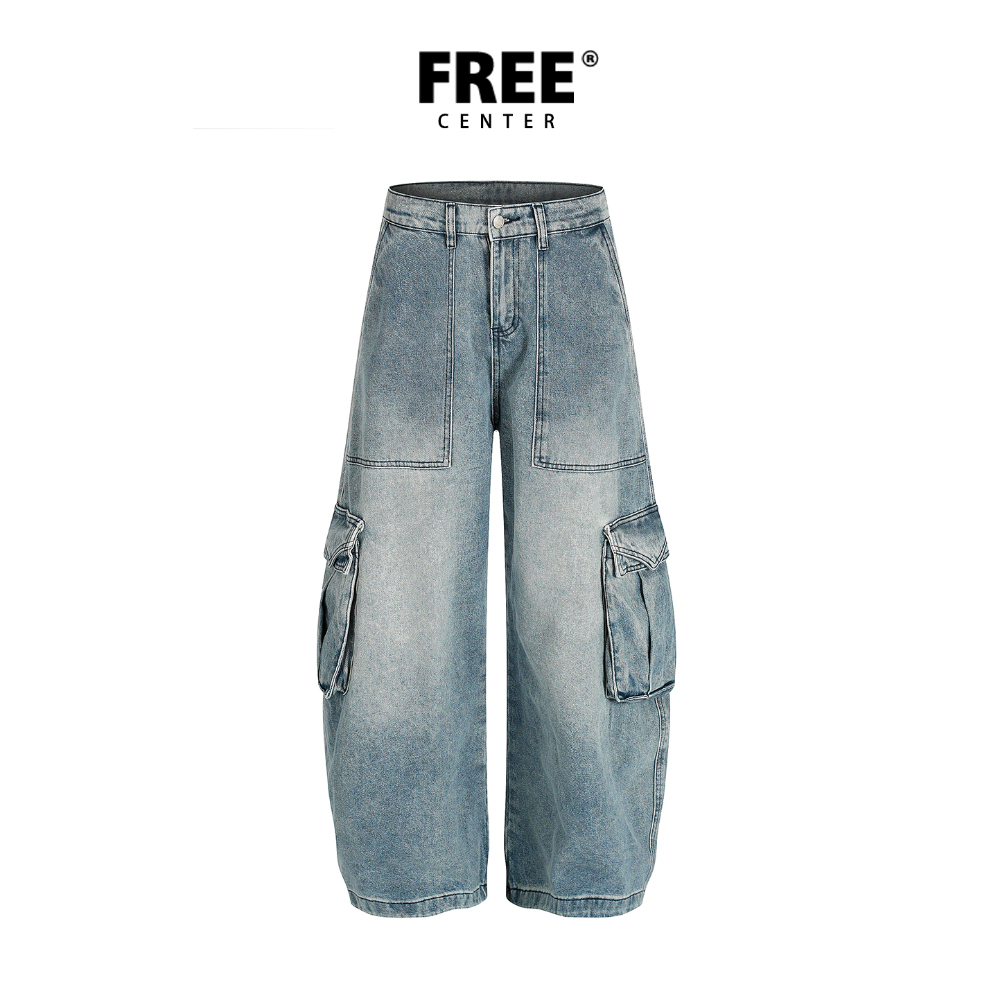 Free Center美式复古水洗做旧牛仔裤男女同款情侣宽松显瘦阔腿裤