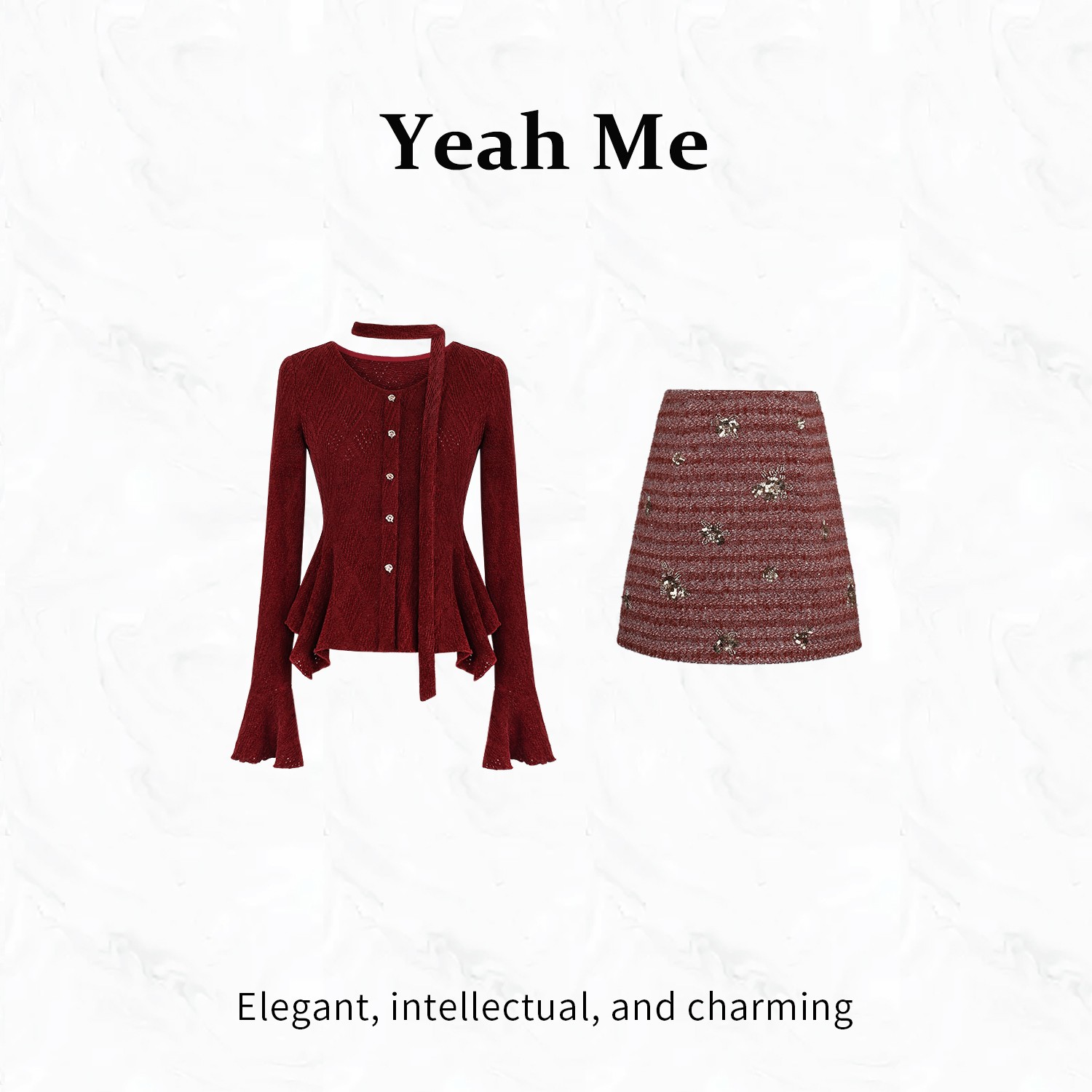 Yeah Me/也觅【红酒微醺】秋冬新款红色高级感轻奢短裙时尚套装女装