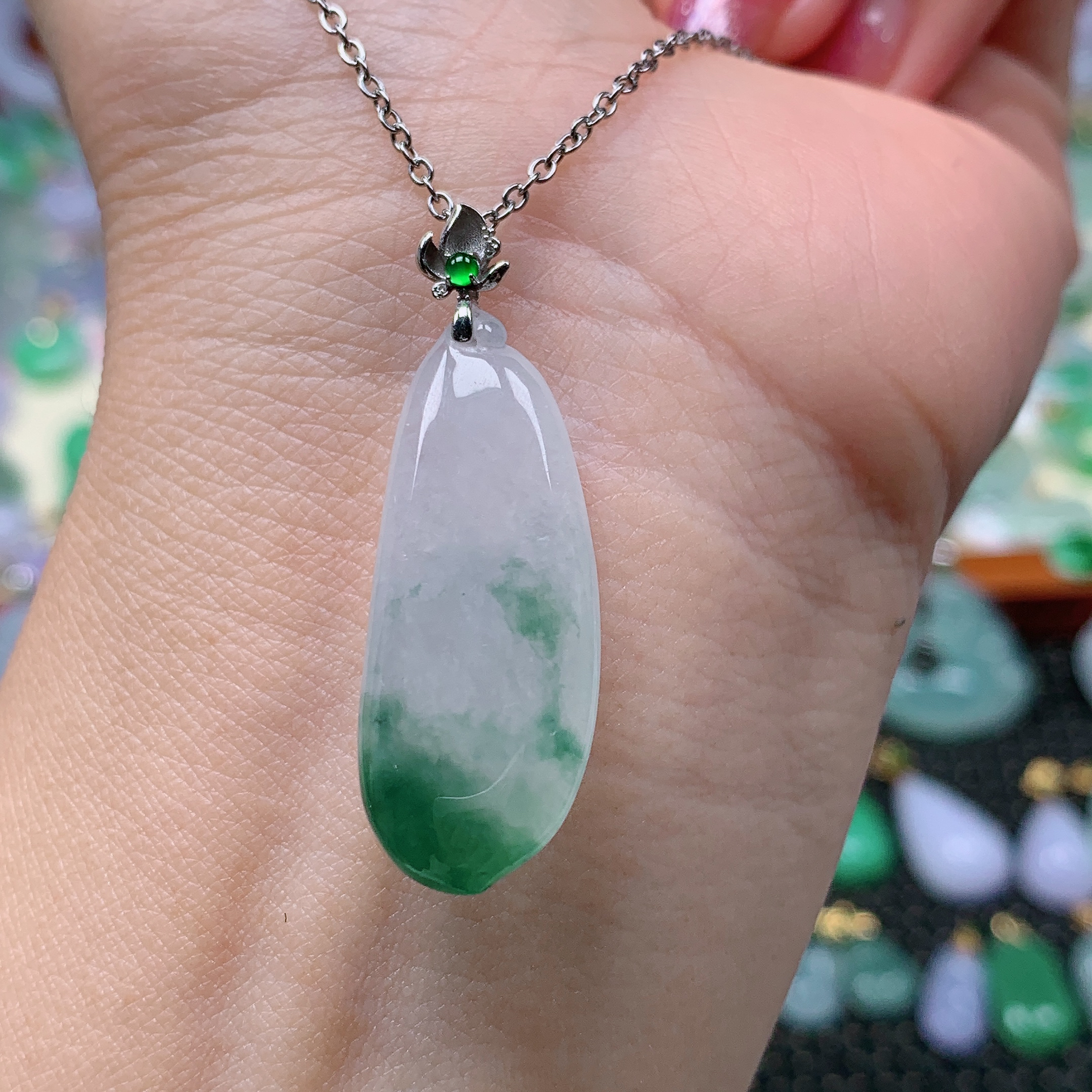 缅甸天然A货翡翠，冰飘花福瓜，编号457/1124尺30.5-12.8-5.8