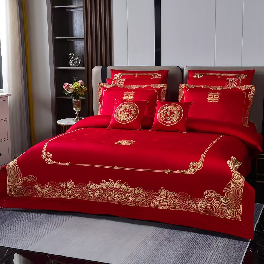 东方喜事婚庆四件套高端匹马棉结婚大红色多件套陪嫁高档床品喜被