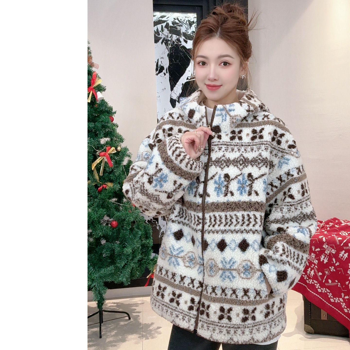25新款冬季连帽休闲短款厚款百搭费尔岛风毛毛外套