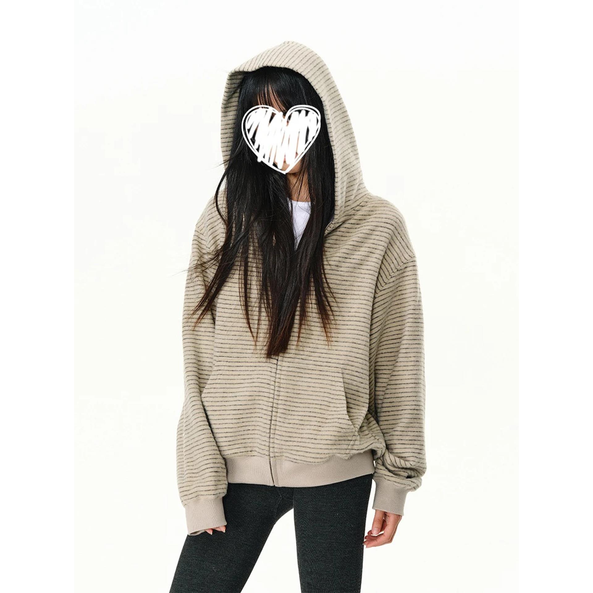 美式复古条纹拉链开衫连帽卫衣男女款秋季小众设计感休闲短款外套