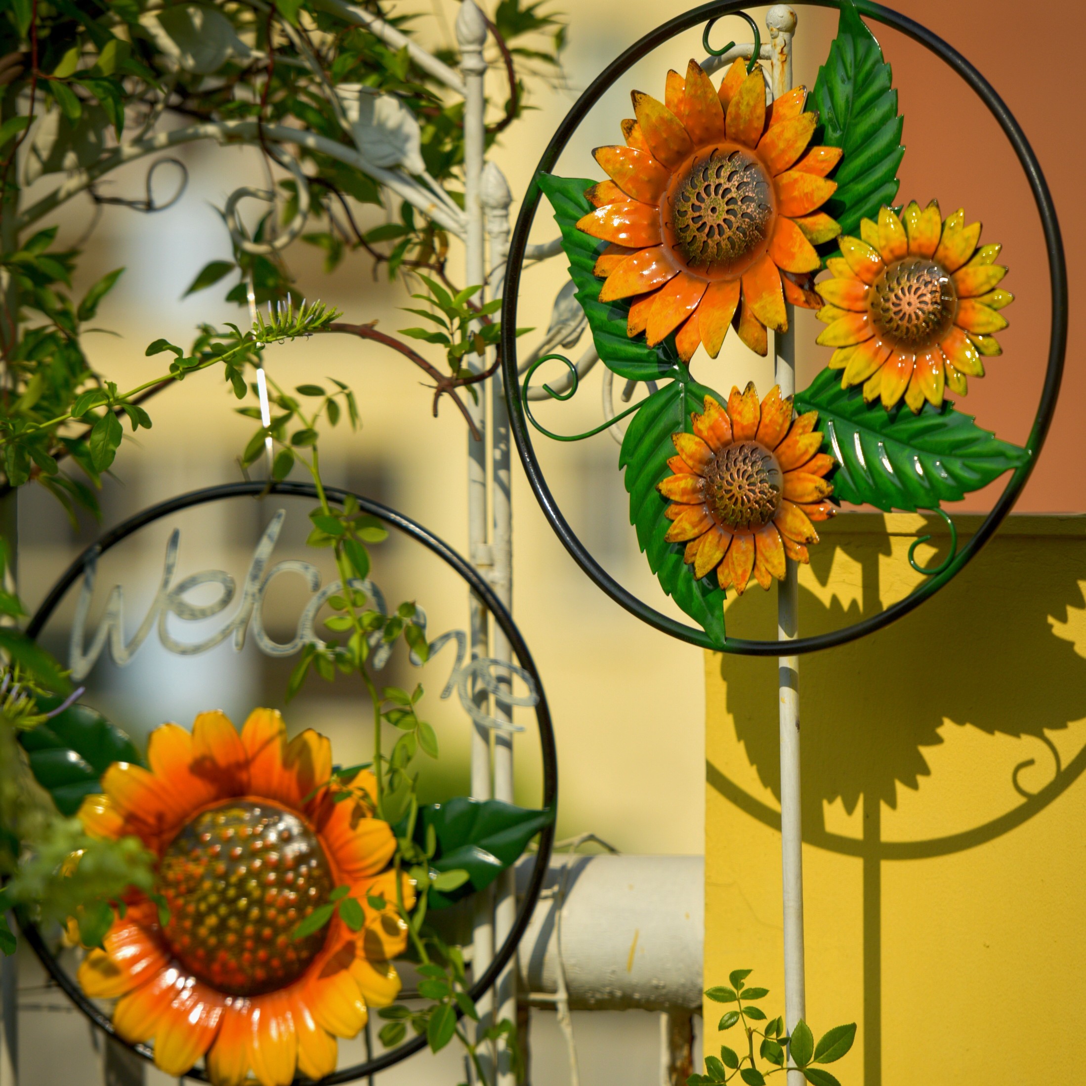 户外彩绘铁艺WELCOME向日葵欢迎牌壁饰太阳花花园墙面装饰插件