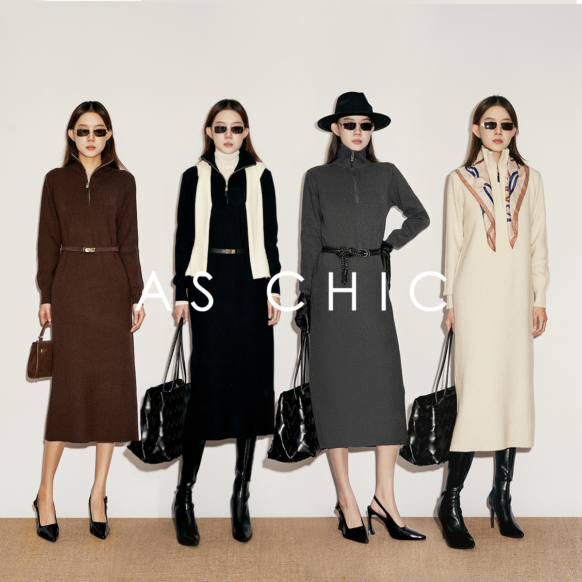 AS chicAW/高领松弛慵懒宽松拉链立领休闲长袖针织长裙 ASY1852