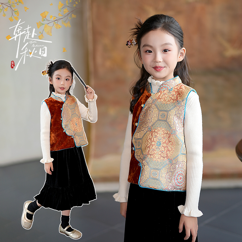 0769791汉服女童唐装新中式国风旗袍马甲儿童拜年服秋冬过年衣服