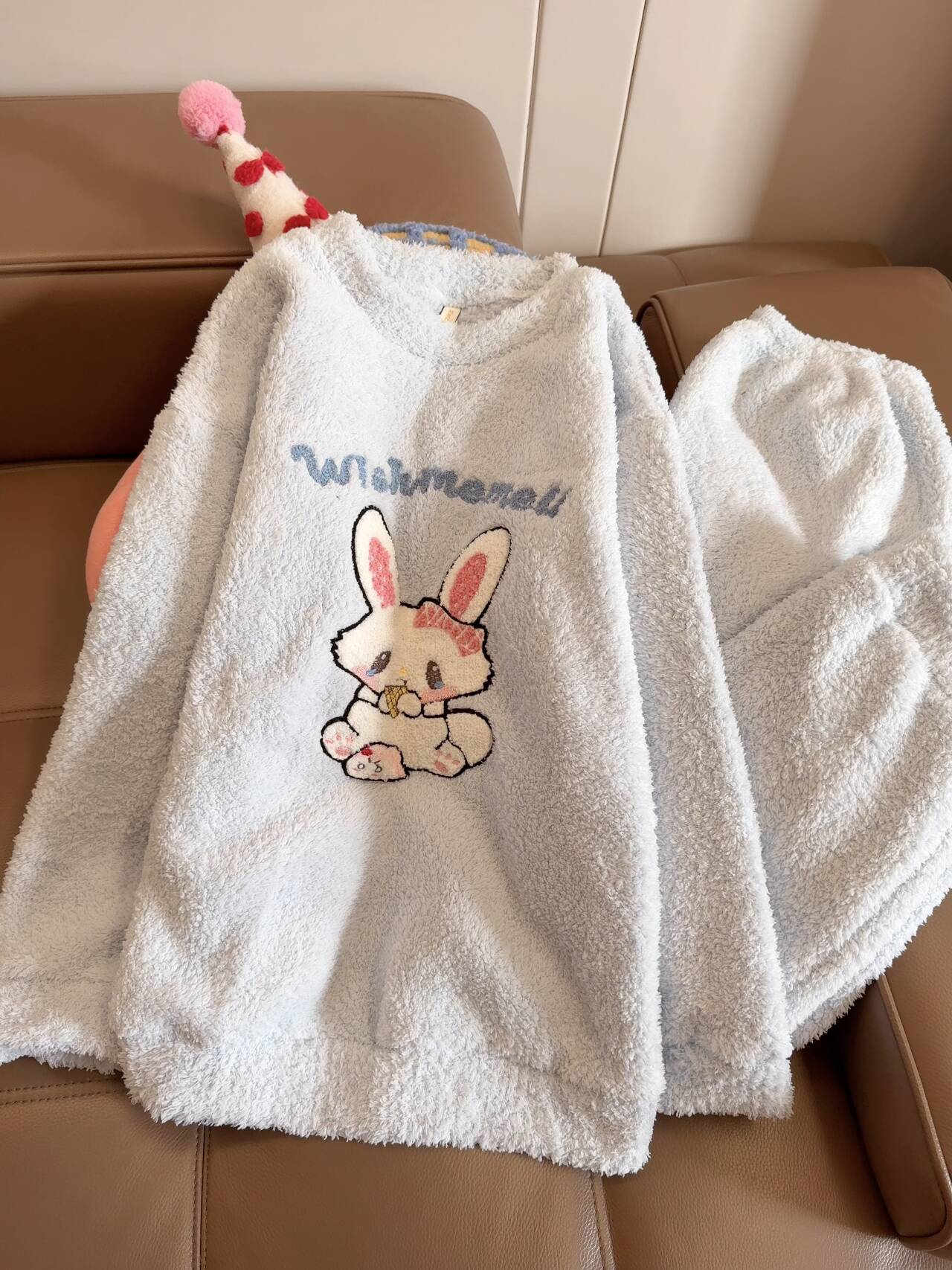 睡衣女秋冬季款加绒加厚卡通可爱小兔长袖可外穿半边绒保暖家居服