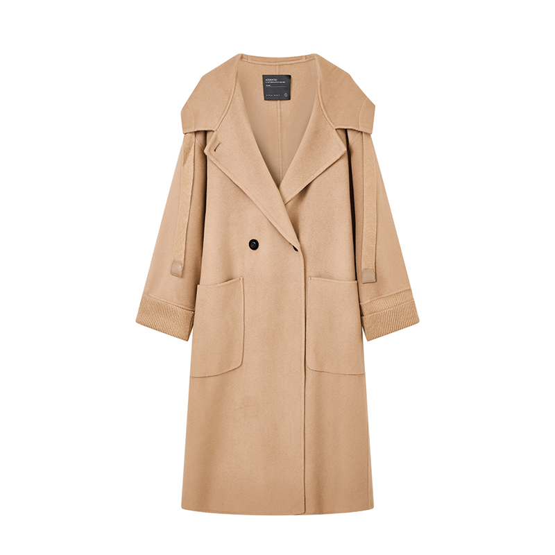 【尚雅专属】简约宽松毛呢大衣连帽驼色翻领外套女X10BDS8751