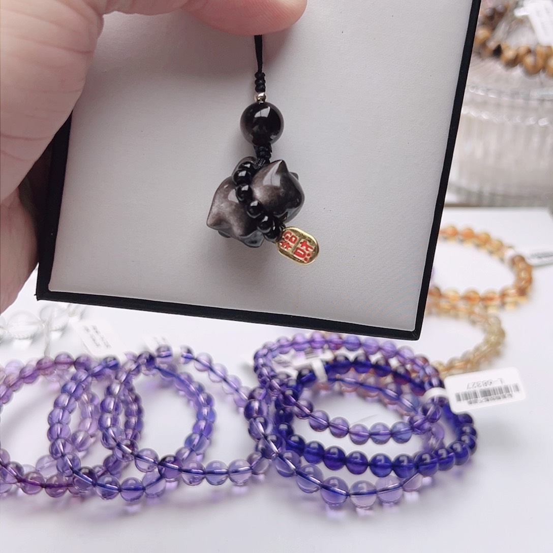 水晶手链未镶嵌黑曜石手机挂链