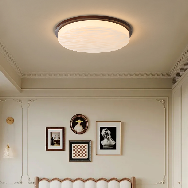 法式中古风超薄卧室吸顶灯圆形创意波纹复古胡桃木纹房间餐厅灯具