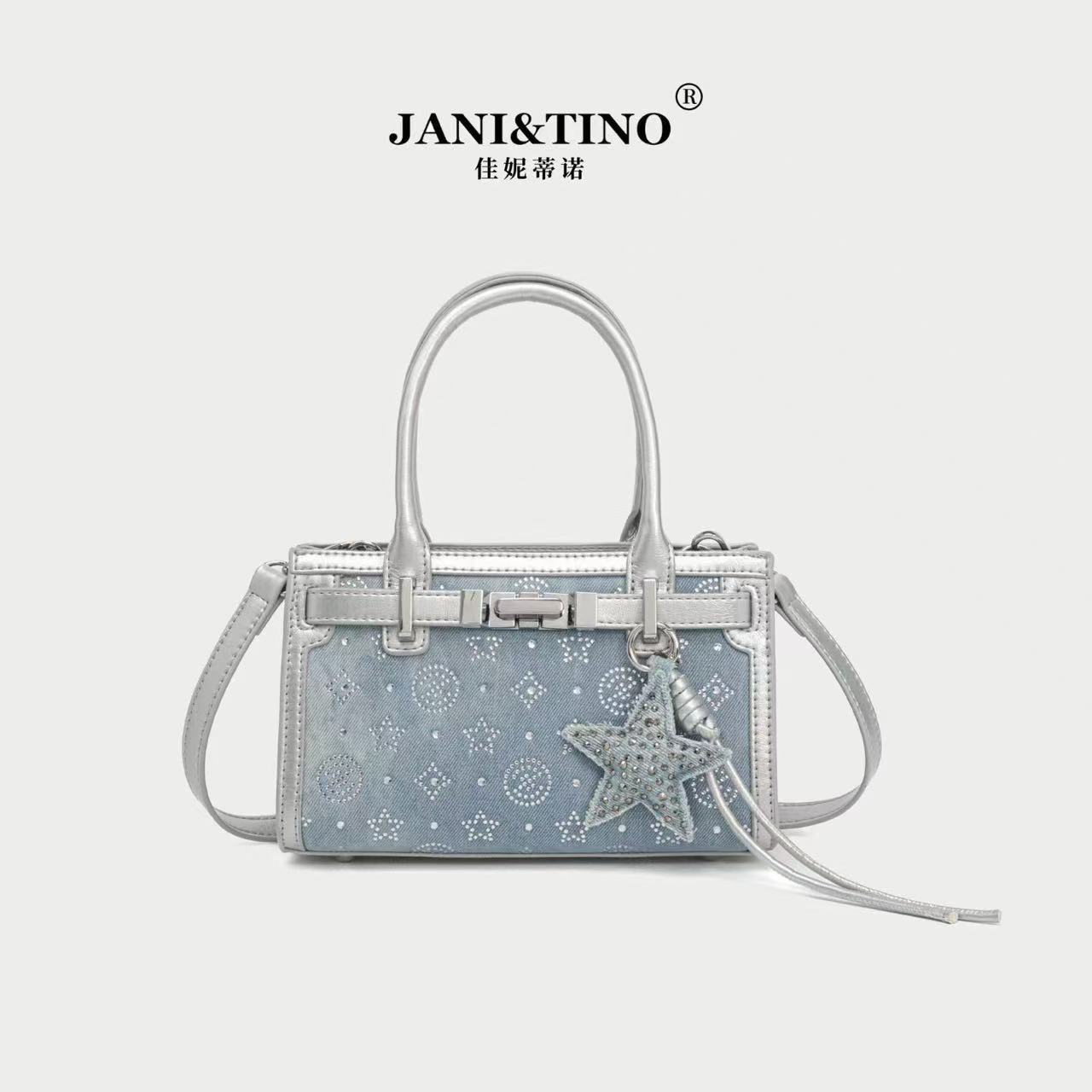 JANITINO/佳妮蒂诺姗姗家新款女士时尚手提镶钻小方包4853银钻