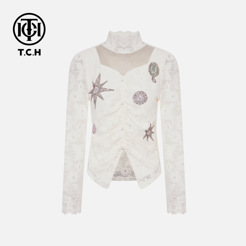 TCH【高贵气质】冬款慵懒风时尚烫钻淑女米色打底衫T75D02E5003