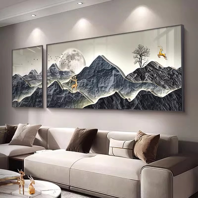 现代轻奢客厅装饰画背有靠山沙发背景墙壁画大气高级感山水画挂画