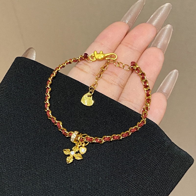 铜合金布艺手链 镀K金 尖花编制红绳手链A725