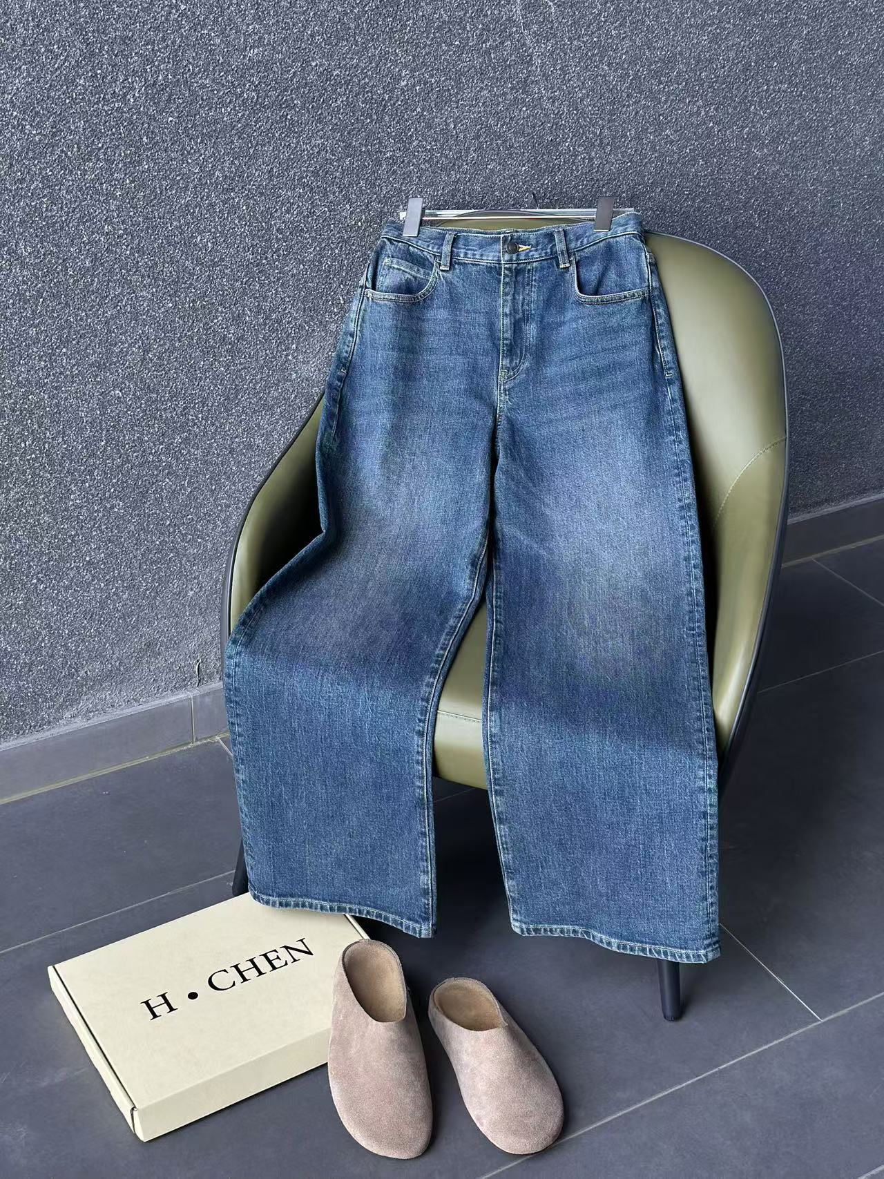 H.Chen-土耳其进口膜拜牛仔水洗做旧复古蓝阔腿牛仔神仙裤