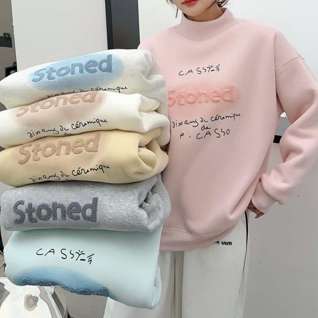 半高领 羊羔绒 加绒加厚卫衣 胸前字母牙刷绣➕印花 保暖显瘦