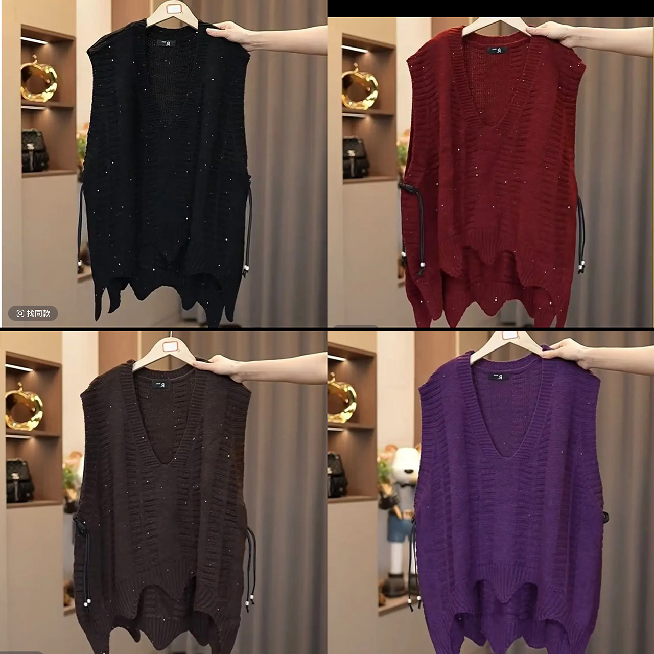 秋季新款 时尚百搭V领侧盘扣叠穿针织套头马夹宽松百搭休闲坎肩