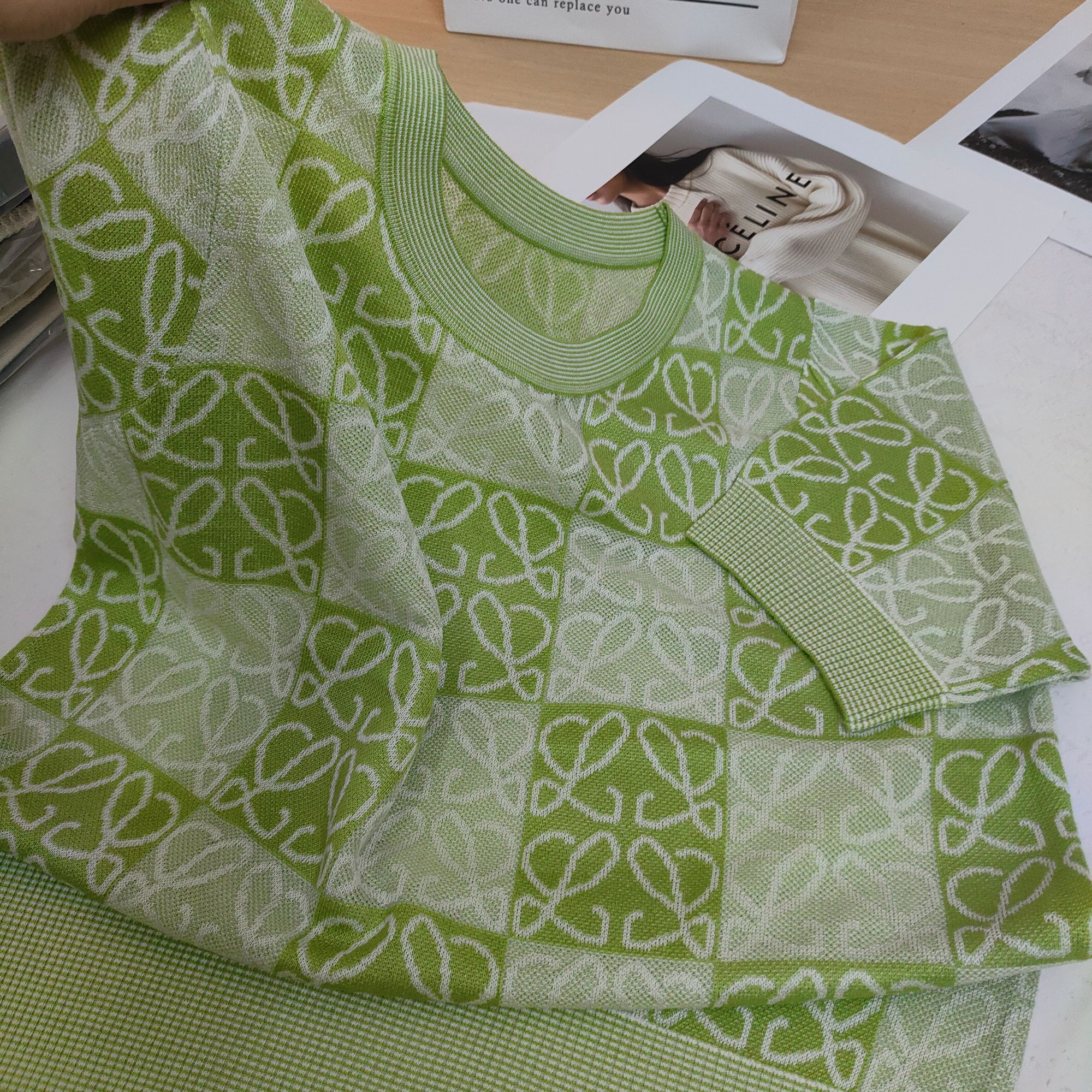 【例畔精选】夏季时尚气质圆领格子提花休闲百搭针织衫A380#