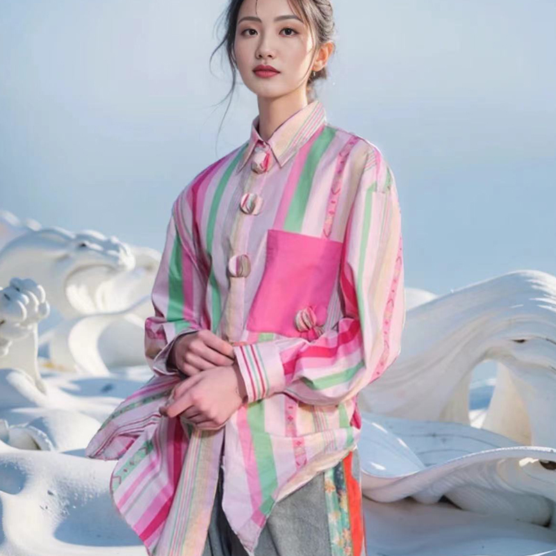 3306【K】法式设计感长袖印花衬衫女2024春夏装新款条纹衬衣女