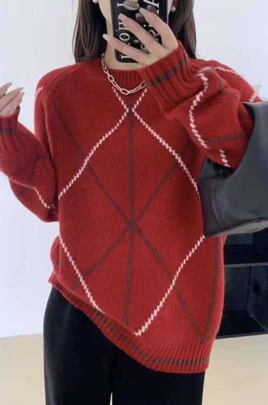 小岛微风 红色菱格提花撞色设计感慵懒风针织衫9756