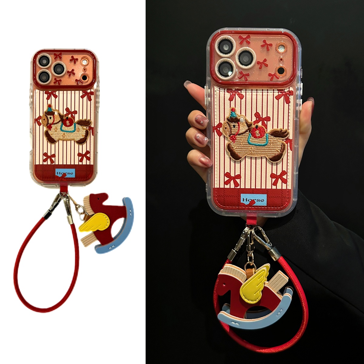 红色蝴蝶结刺绣马气囊适用iPhone17promax苹果16手机壳15挂绳14女