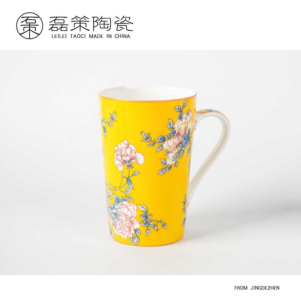 景德镇经典珐琅彩花鸟陶瓷杯 直口新款家用马克杯 黄色款