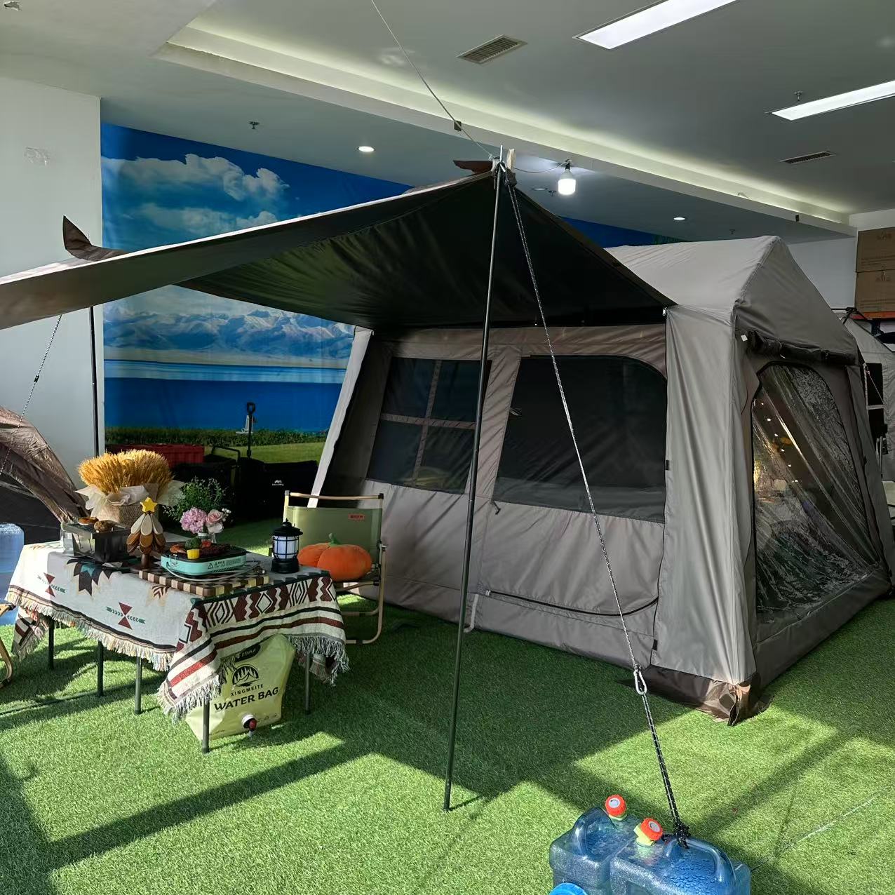 【屋脊6.0新款】带横杆双层黑胶速开露营帐篷保暖带烟囱口外接天幕