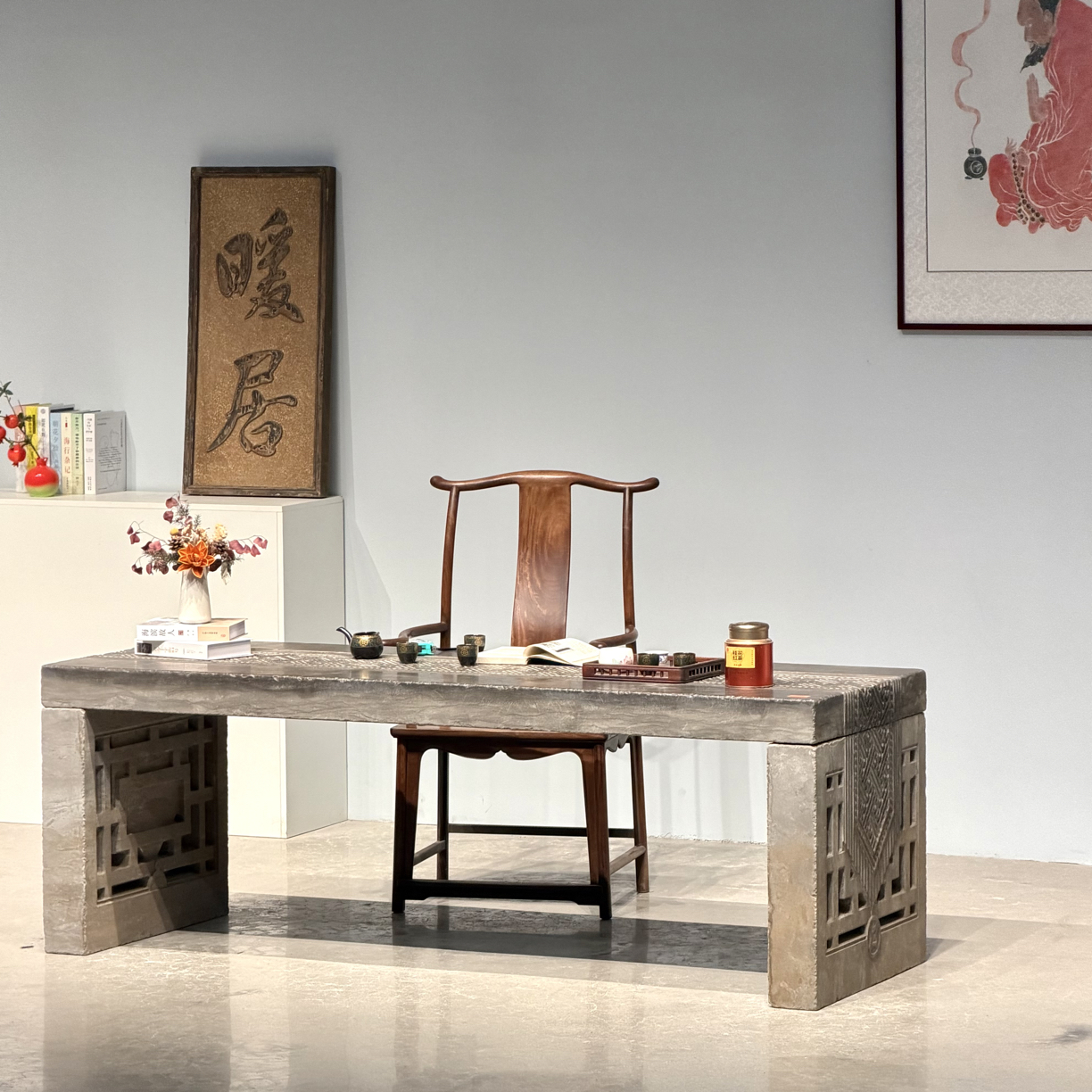 空间摆件青石石桌 雕刻工艺精美 现代家居装饰茶道茶室