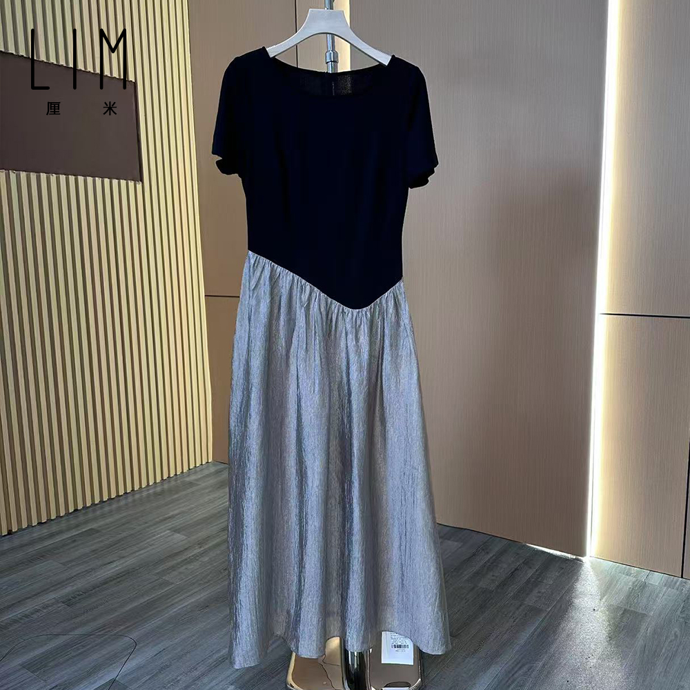 2025夏季新款高腰线圆领小黑裙显瘦赫本风百搭拼接不规则连衣裙女