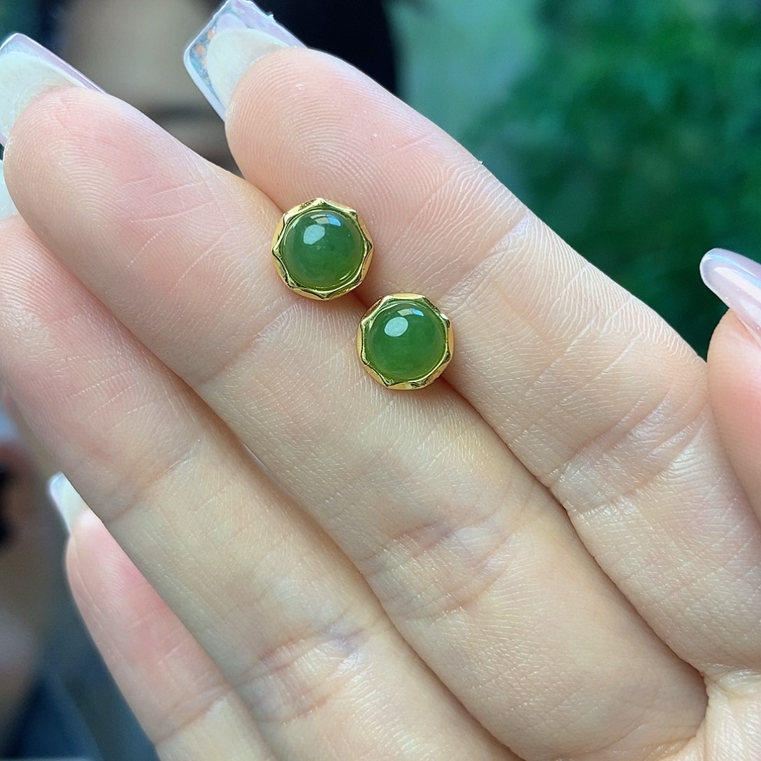 和田玉耳钉银S925镶嵌
