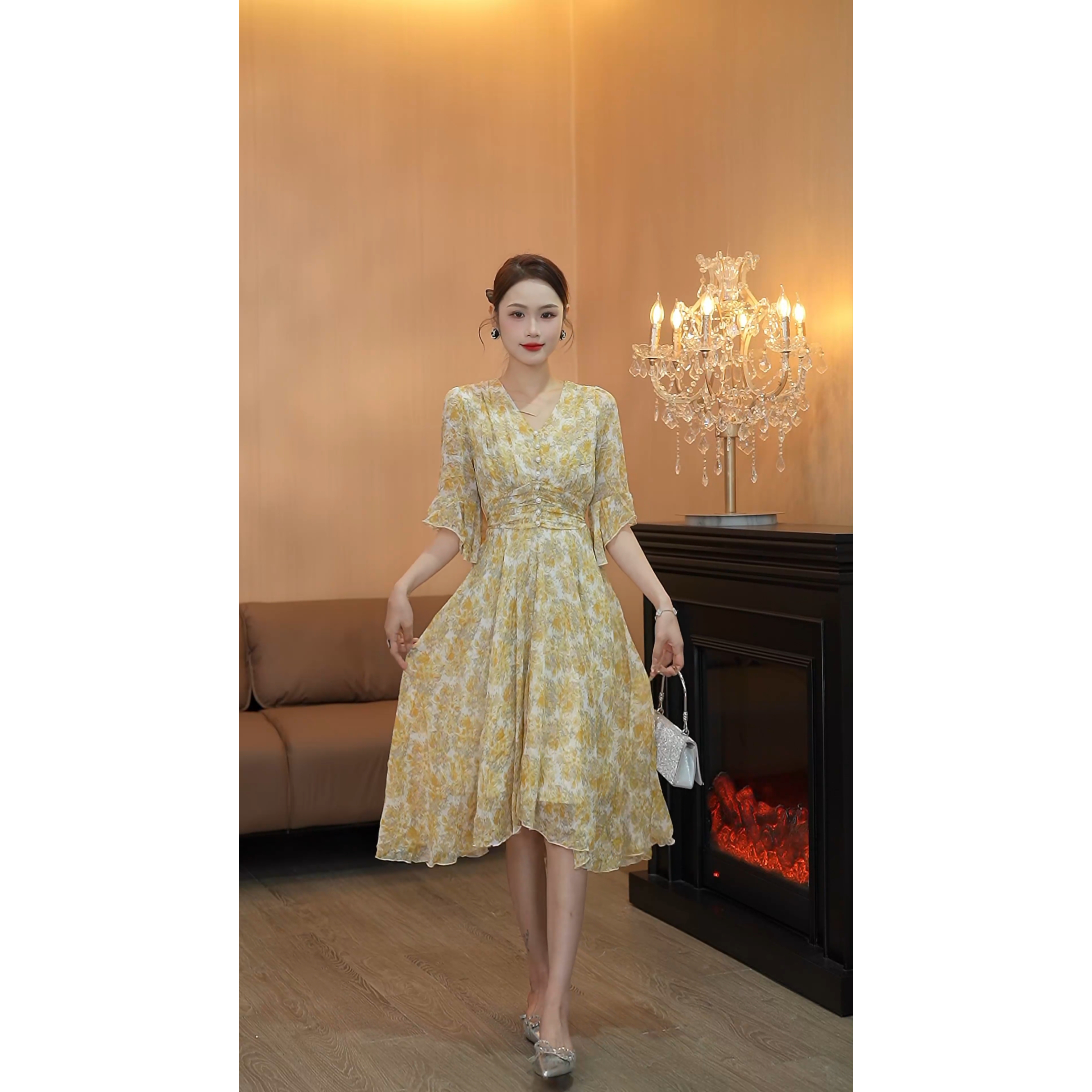 3476碎花雪纺连衣裙子女装夏季新款收腰遮肚气质七分袖中长裙QH