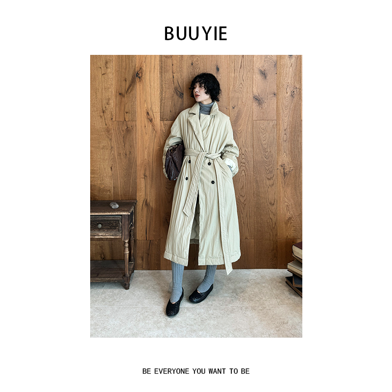 BUUYIE【素砚】鹅绒服长款外套卡其色收腰羽绒服冬季新款251169