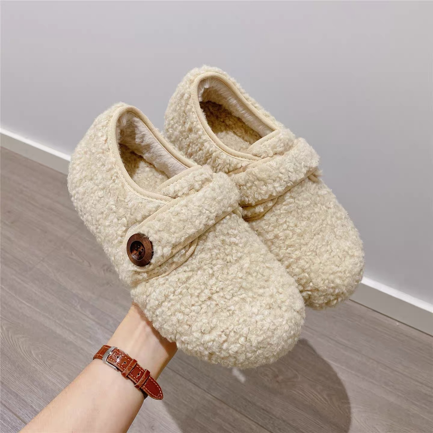 【迪拉呀专属】泰迪绒芒果头加绒加厚魔术贴博肯鞋-9916