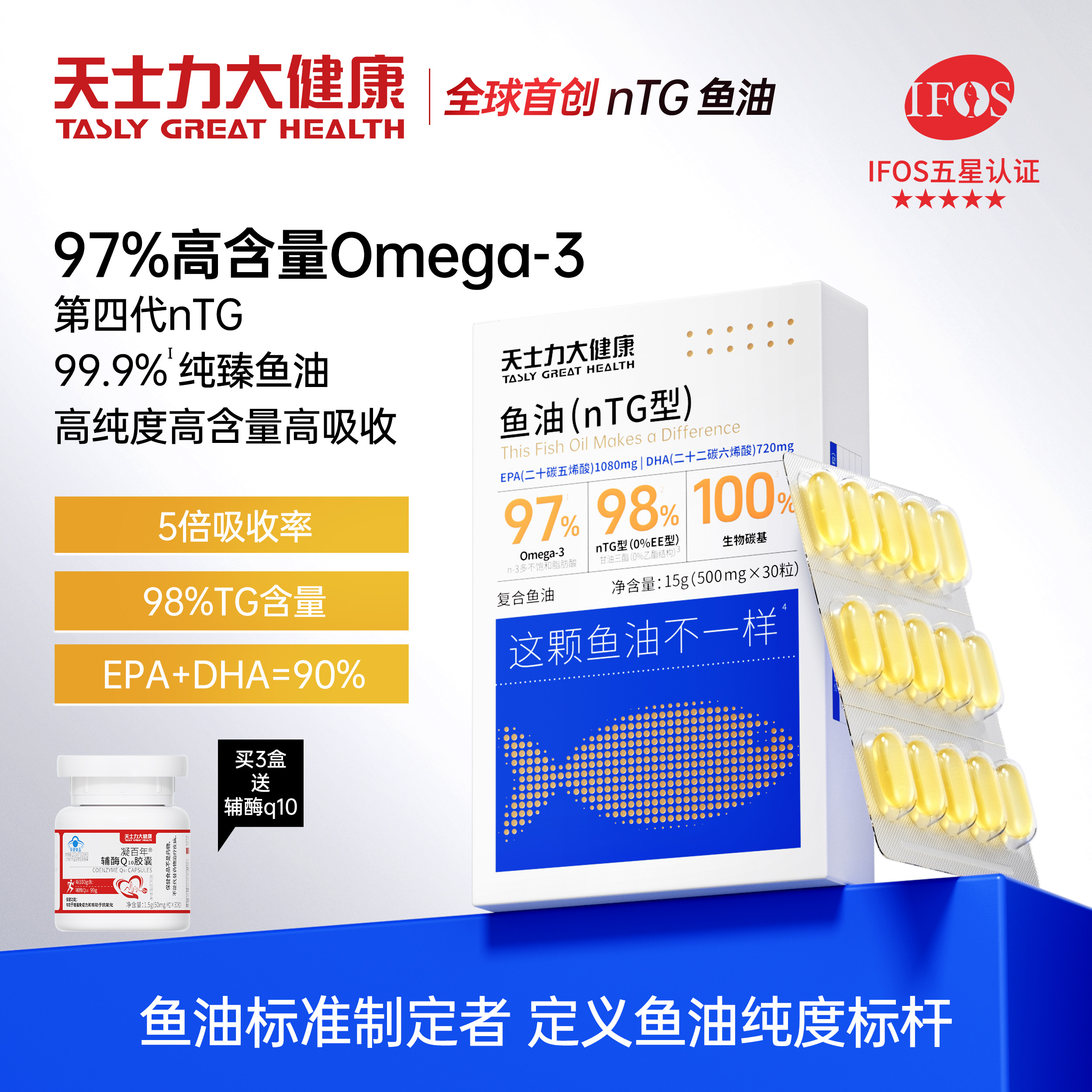 【非凝胶糖果】天士力全球首创nTG99.99%高纯度深海鱼油 Omega-3