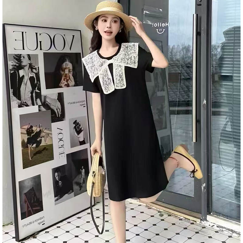 （女装）8529 慵懒风宽松显瘦蕾丝蝴蝶结拼接圆领短袖连衣裙