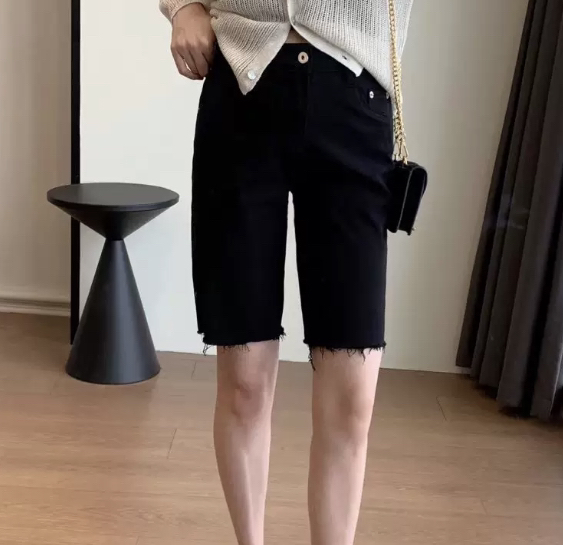 高腰显瘦牛仔五分裤女宽松直筒毛边中裤高弹百搭舒适