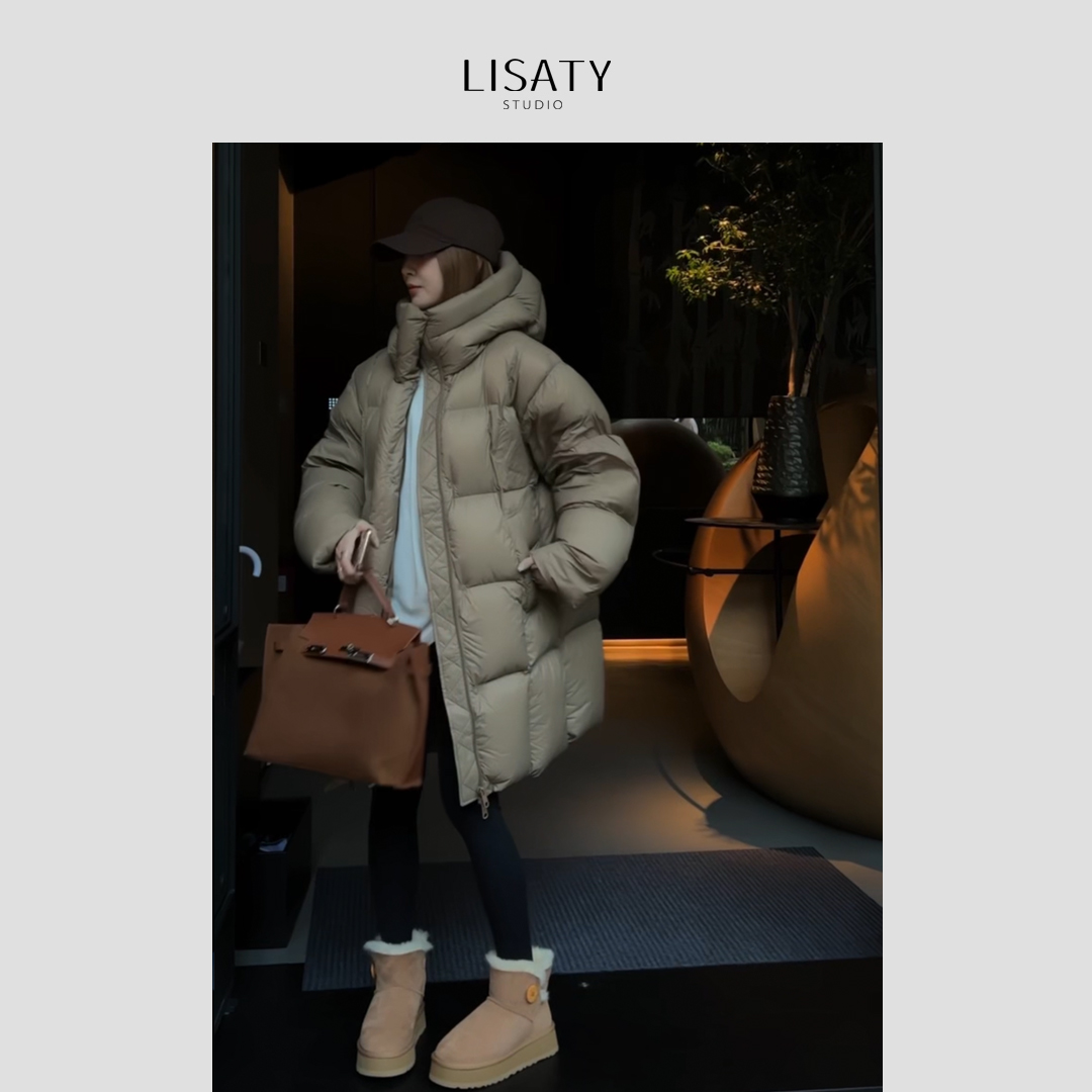 LISATY【充绒量360g+】90白鸭绒 云朵泡泡 连帽长款保暖羽绒服外套