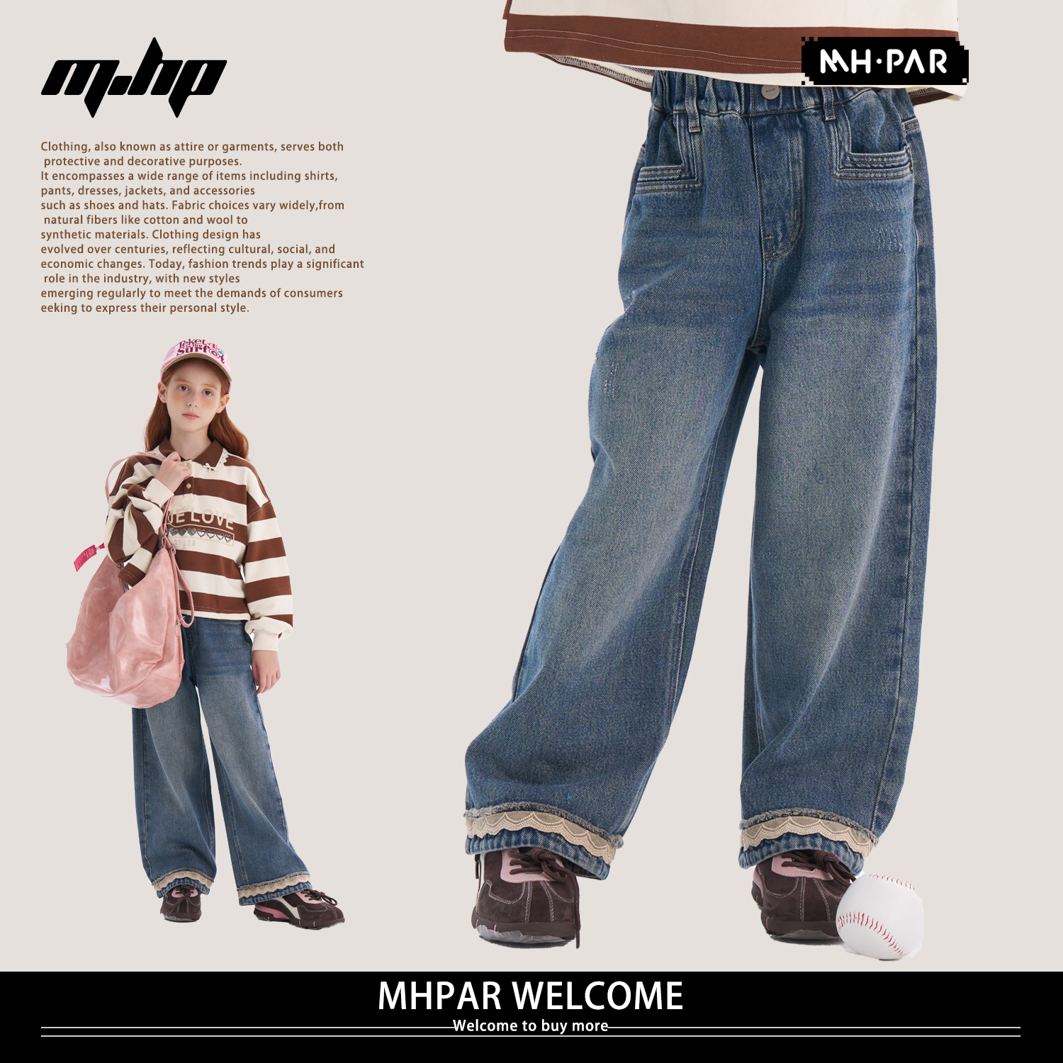 MHPAR麦哈派女童春秋款法式蕾丝边蓝色复古甜美牛仔裤253707